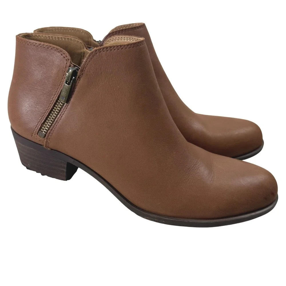Lucky Brand Burklee Ankle Boots Women 9.5 Cognac Leather Side Zip Western Casual